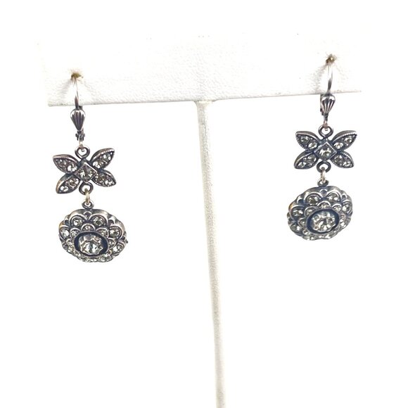 Vintage Sterling Silver Crystal Floral & Butterfly Dangle Earrings - Picture 6 of 7
